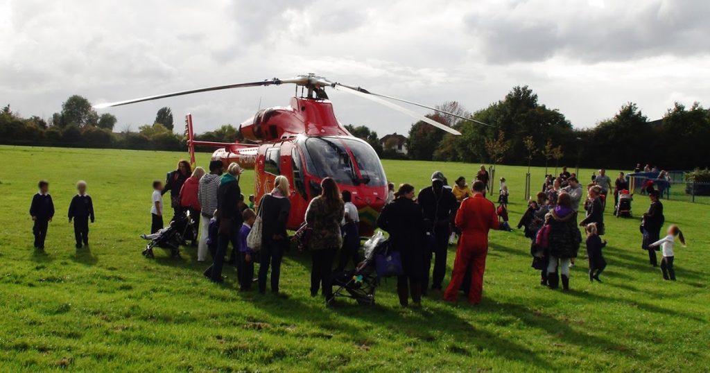 Helicopter with crowd