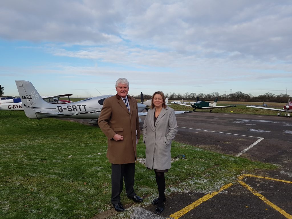 GA champion Byrone Davies and Aviation Minister Baroness Sugg visiting Elstree aerodrome